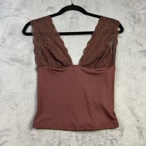 Free People Tank Top Womens Small Brown V-Neck Lace Ribbed Cropped Romantic NEW